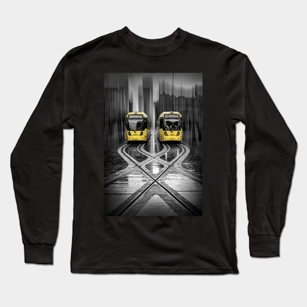 Two Yellow Trams at Stop in Manchester Long Sleeve T-Shirt by TonyNorth